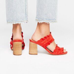 Free People Rosie Red Suede Leather Ruffle Heel Sandal